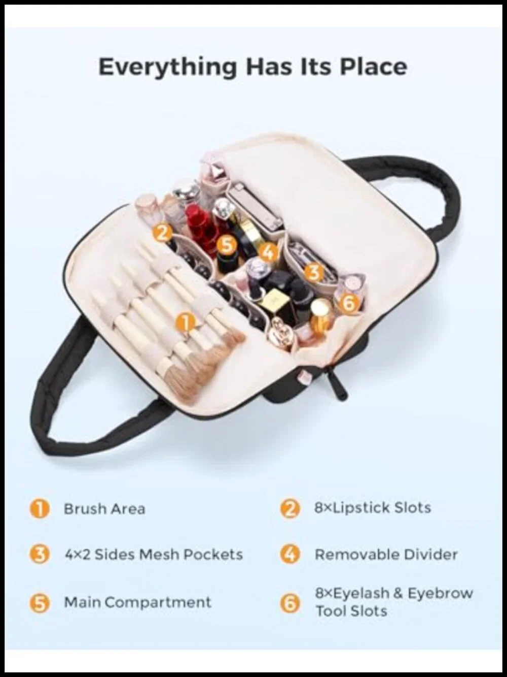 Fold-down Travel Makeup Bag with Handle & Divider, EVA Lining, Brush Holder